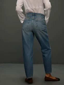 Mid Blue Polka Dot - Mid Rise Ankle Straight Leg Jeans With Scarf