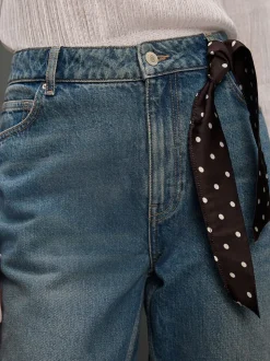 Mid Blue Polka Dot - Mid Rise Ankle Straight Leg Jeans With Scarf