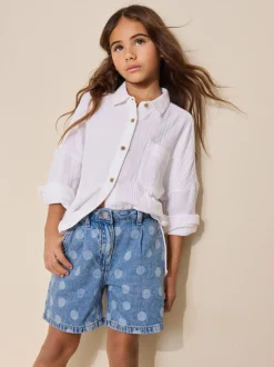 Mid Blue Spot print - Relaxed Denim Pleated Shorts (3-16yrs)