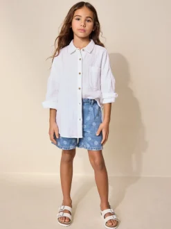 Mid Blue Spot print - Relaxed Denim Pleated Shorts (3-16yrs)
