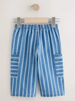 Middelblauwe strepen - 100% katoenen cargobroek met wijde pijpen en elastische taille (3mnd-7jr)