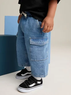 Middenblauw denim - 100% katoenen cargobroek met wijde pijpen en elastische taille (3mnd-7jr)