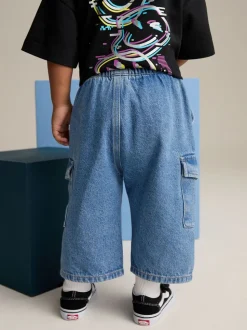 Middenblauw denim - 100% katoenen cargobroek met wijde pijpen en elastische taille (3mnd-7jr)
