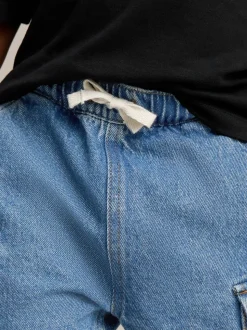 Middenblauw denim - 100% katoenen cargobroek met wijde pijpen en elastische taille (3mnd-7jr)