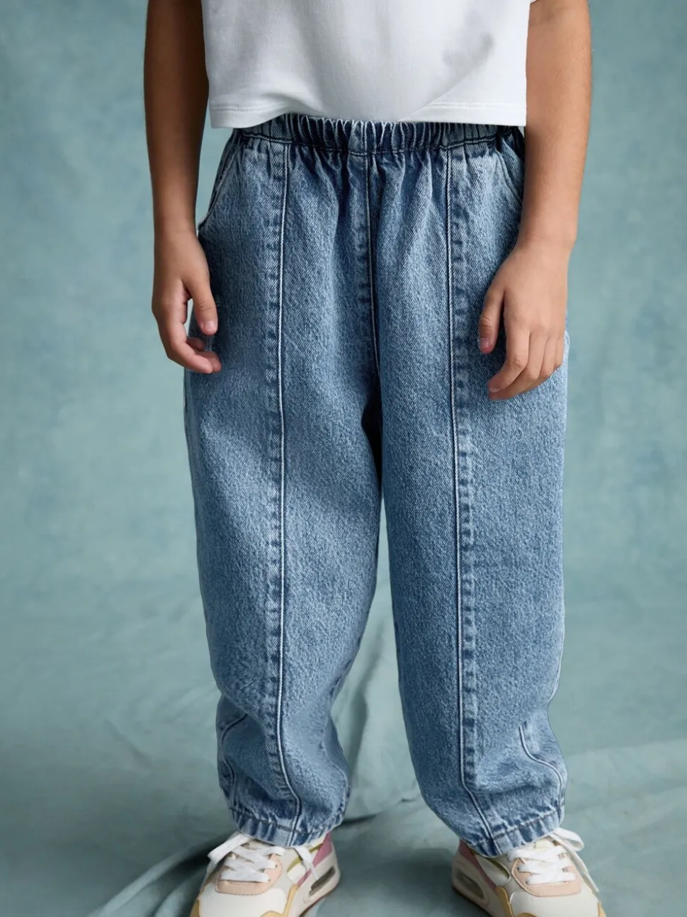 Middenblauw denim - Barrel jeans met elastische taille (3-16jr)