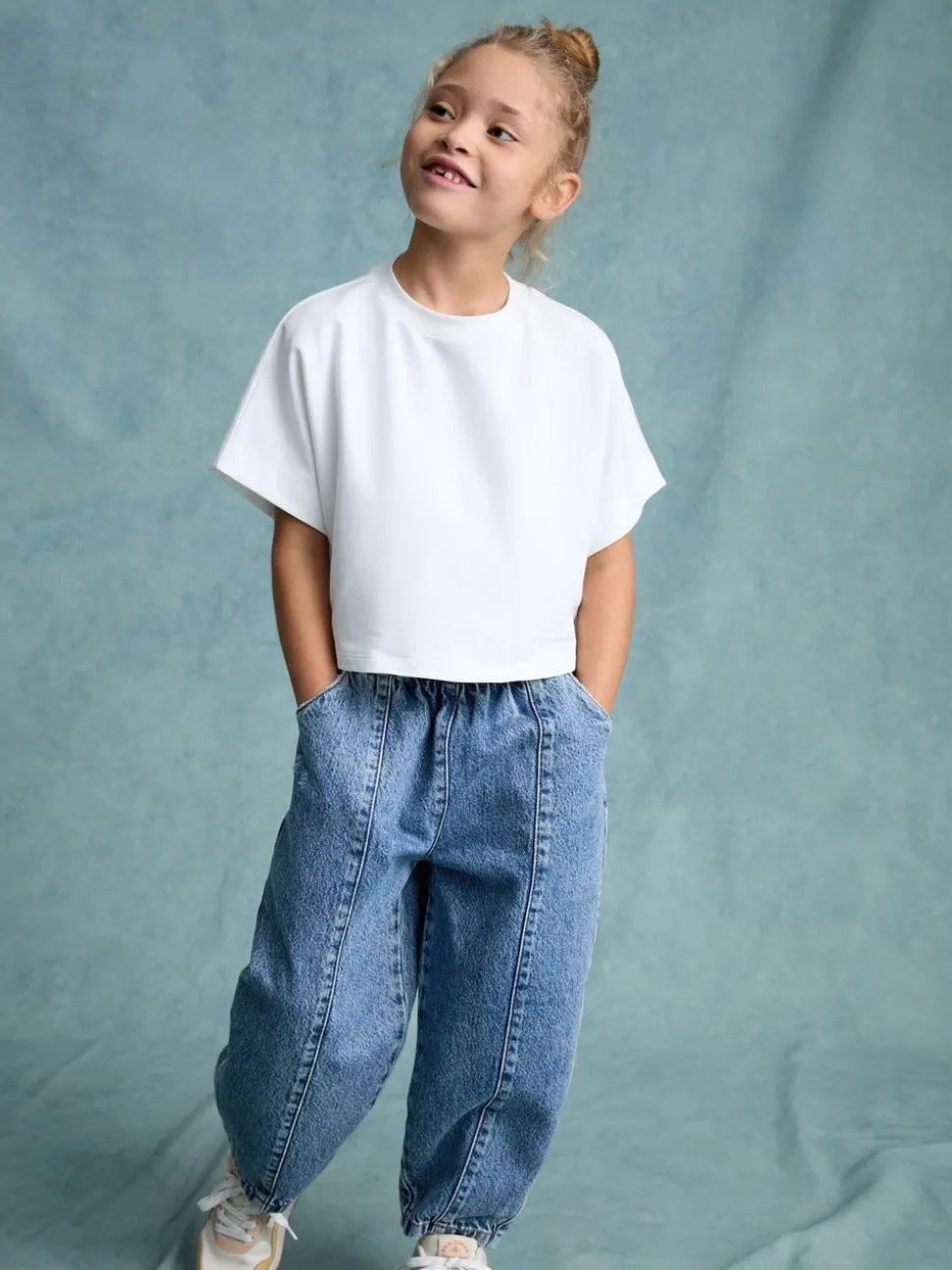 Middenblauw denim - Barrel jeans met elastische taille (3-16jr)