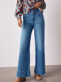 Middenblauw denim - High Rise stretchy Jeans met wijde pijpen