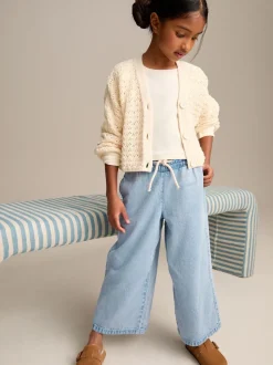 Middenblauw denim - Jeans met elastische taille en wijde pijpen (3-16jr)
