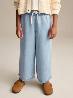 Middenblauw denim - Jeans met elastische taille en wijde pijpen (3-16jr)
