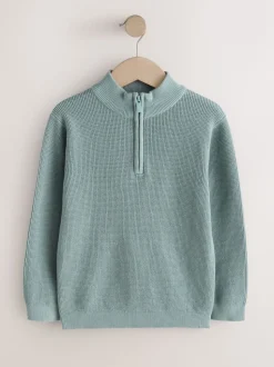 Mineraalblauw - Textured Knitted Zip Neck Jumper (3-16yrs)
