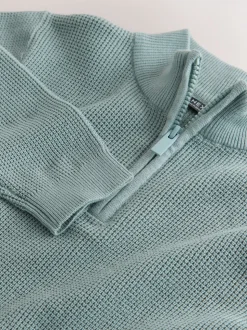 Mineraalblauw - Textured Knitted Zip Neck Jumper (3-16yrs)
