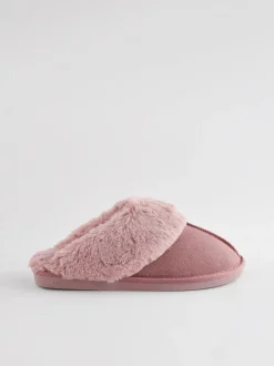 Mink roze - Met imitatiebont gevoerde suède pantoffelmuiltjes