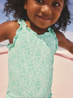 Mint Green Floral Texture - Lettuce Edge Swimsuit (3mths-7yrs)
