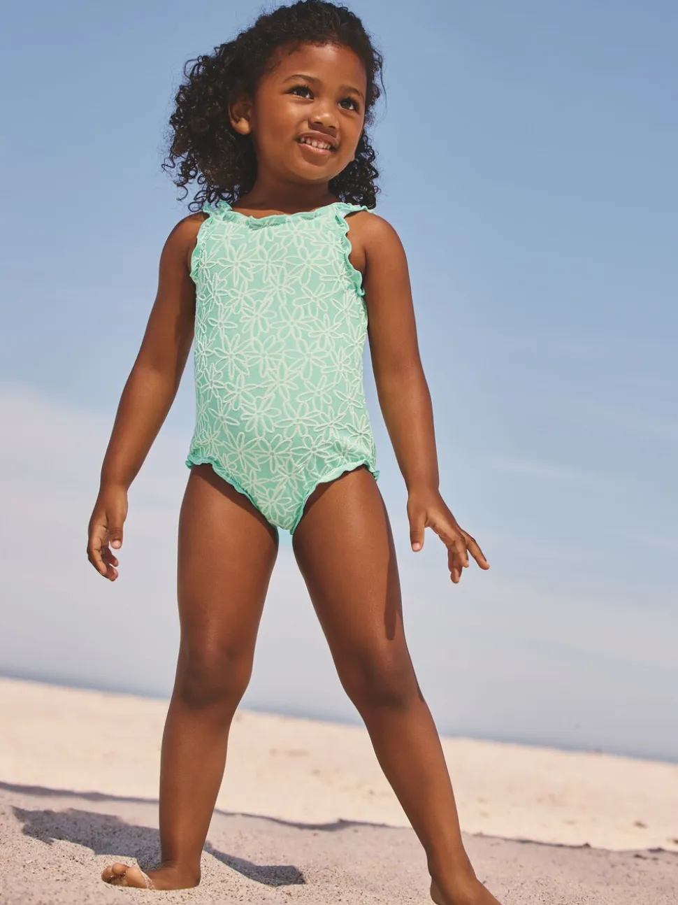 Mint Green Floral Texture - Lettuce Edge Swimsuit (3mths-7yrs)