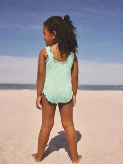 Mint Green Floral Texture - Lettuce Edge Swimsuit (3mths-7yrs)