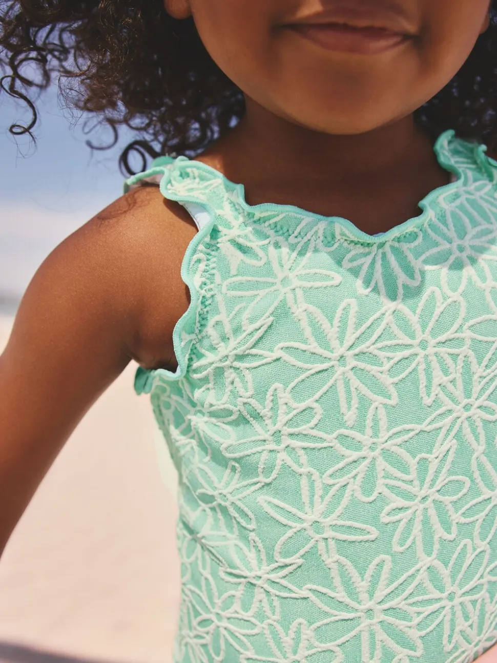 Mint Green Floral Texture - Lettuce Edge Swimsuit (3mths-7yrs)