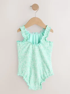 Mint Green Floral Texture - Lettuce Edge Swimsuit (3mths-7yrs)