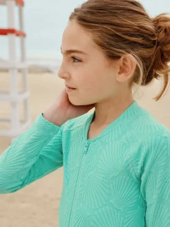 Mint Green Shell - Textured Long Sleeve Sunsafe Swimsuit (3-16yrs)