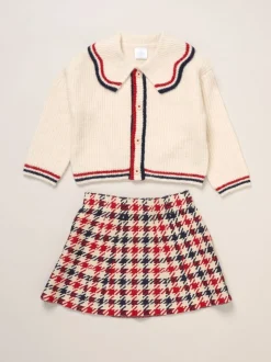 Miss True Knit White Cardigan with Check Skirt