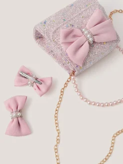 Monsoon Bow Glitter Bag & Hair Clips Set