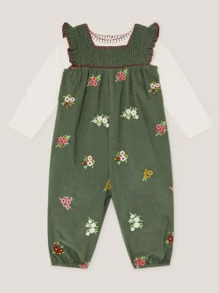 Monsoon Long Sleeve Top & Floral Corduroy Dungarees Set