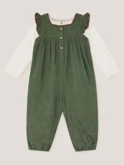 Monsoon Long Sleeve Top & Floral Corduroy Dungarees Set