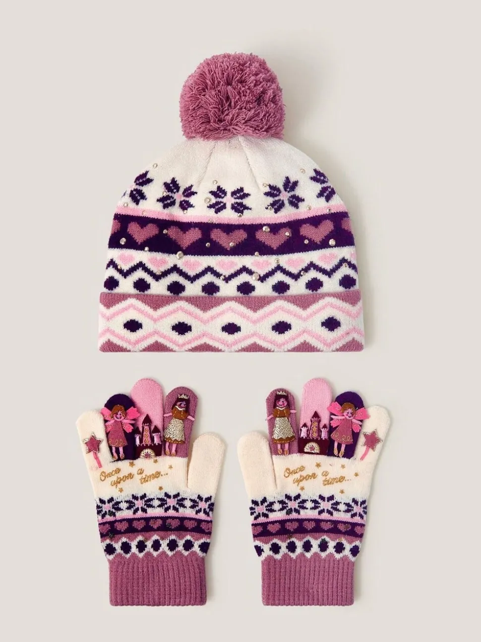 Monsoon Princess muts en Handschoenen met Fair Isle motief en bobbeltjes Set