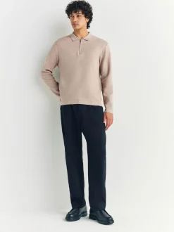 Moutkleurig - Half met rits - Regular Fit Premium Mid Weight Long Sleeve Knit Polo Shirt