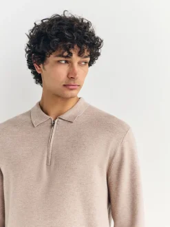 Moutkleurig - Half met rits - Regular Fit Premium Mid Weight Long Sleeve Knit Polo Shirt