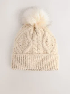 Moutkleurig - Pointelle Knit Pom Hat