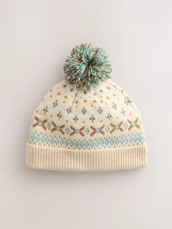 Natural Fairisle - Pattern Baby Knitted Pom Beanie Hat (0mths-2yrs)