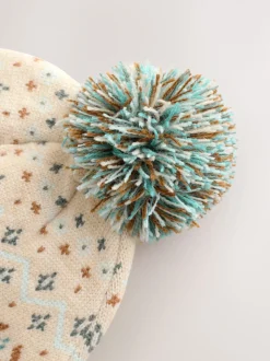 Natural Fairisle - Pattern Baby Knitted Pom Beanie Hat (0mths-2yrs)