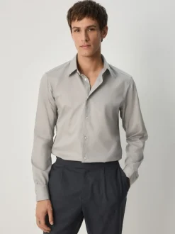 Naturel bruin - Slim Fit - Onderhoudsvriendelijk, getextureerd, slim fit overhemd met enkele manchet