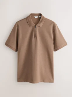 Naturel bruin - Smart poloshirt met textuur en rits
