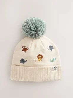 Naturel geborduurd met safariprint - Beanie-muts met pompon (3mnd-10jr)