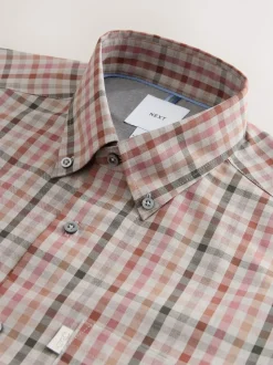 Naturel met gingham-ruit - Eenvoudig te strijken Oxford-overhemd met knopen en standaard pasvorm