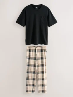Naturel/zwart geruit - Jersey pyjama met korte mouwen