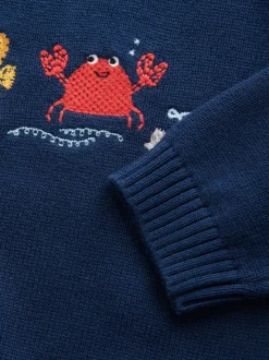 Navy Blue Sealife - Character Knitted Crew Neck Jumper (3mths-7yrs)