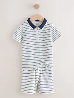 Navy/White Stripe Zip Neck - Set van poloshirt met korte mouwen en short (3mnd-7jr)