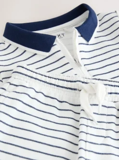 Navy/White Stripe Zip Neck - Set van poloshirt met korte mouwen en short (3mnd-7jr)