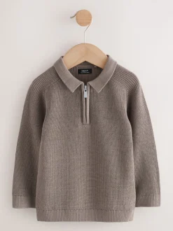 Nertsgrijs/bruin - Poloshirt met lange mouwen en kwartrits (3mnd-7jr)