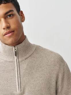 Neutraal - Effen - Regular Fit Cotton Rich Textured Premium Quarter Zip Jumper
