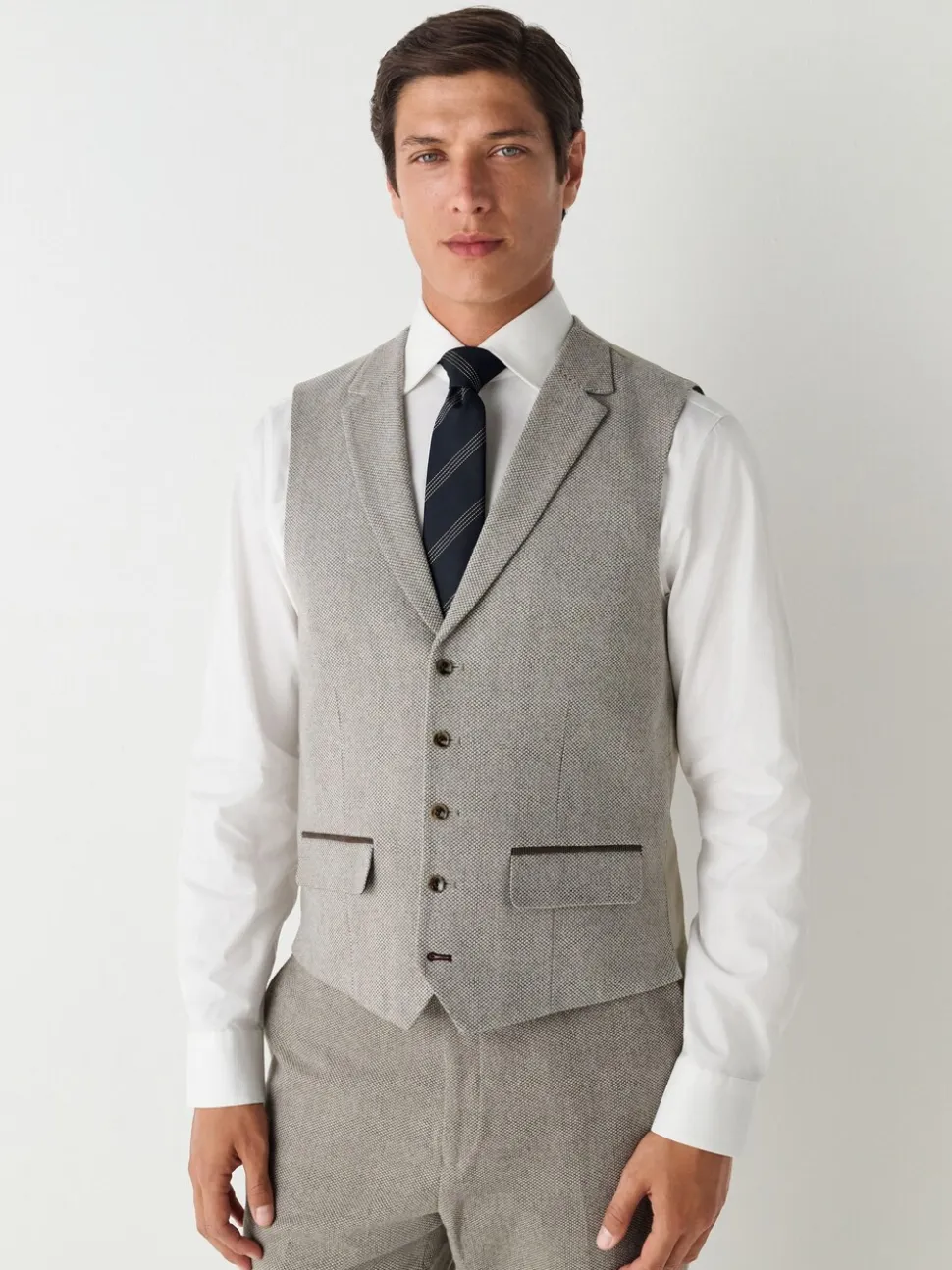 Neutraal - Slim Fit Nova Fides Italian Wool Blend Trimmed Textured Suit Waistcoat