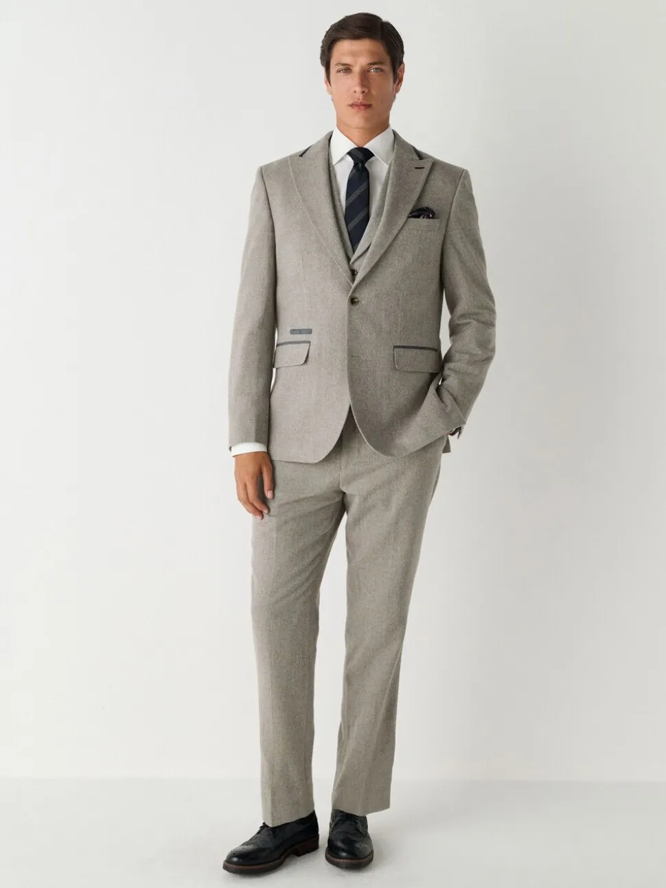 Neutraal - Slim Fit Nova Fides Italian Wool Blend Trimmed Textured Suit Waistcoat