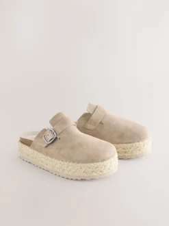 Neutraal - Suède espadrille klompen met ronde neus en dikke zool
