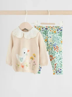 Neutrale Eend/Saliegroen met fijne print - 2 -delige babyset met gebreide trui en legging (0mnd-3jr)