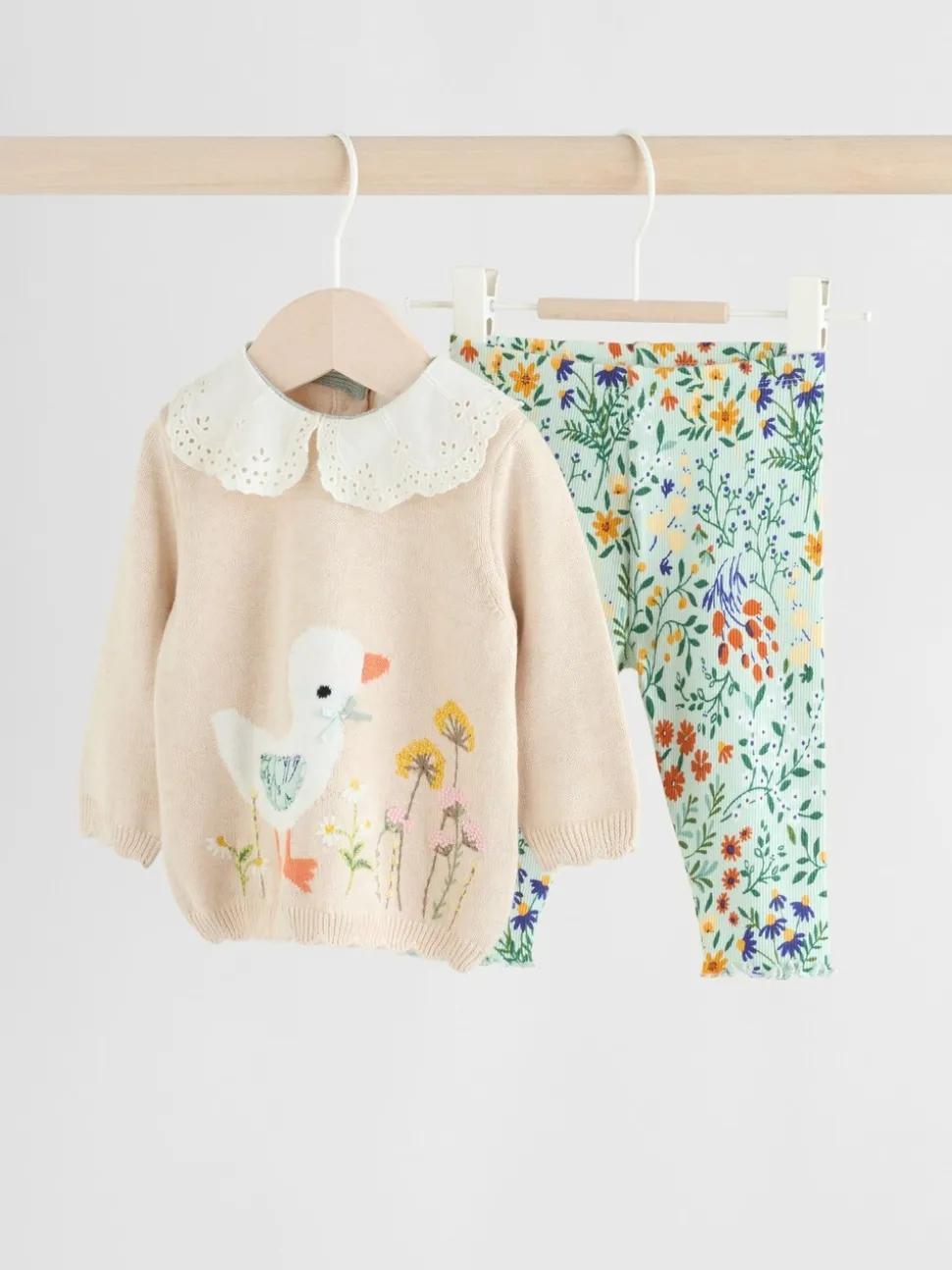 Neutrale Eend/Saliegroen met fijne print - 2 -delige babyset met gebreide trui en legging (0mnd-3jr)