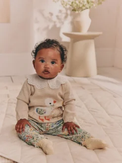 Neutrale Eend/Saliegroen met fijne print - 2 -delige babyset met gebreide trui en legging (0mnd-3jr)