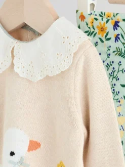 Neutrale Eend/Saliegroen met fijne print - 2 -delige babyset met gebreide trui en legging (0mnd-3jr)