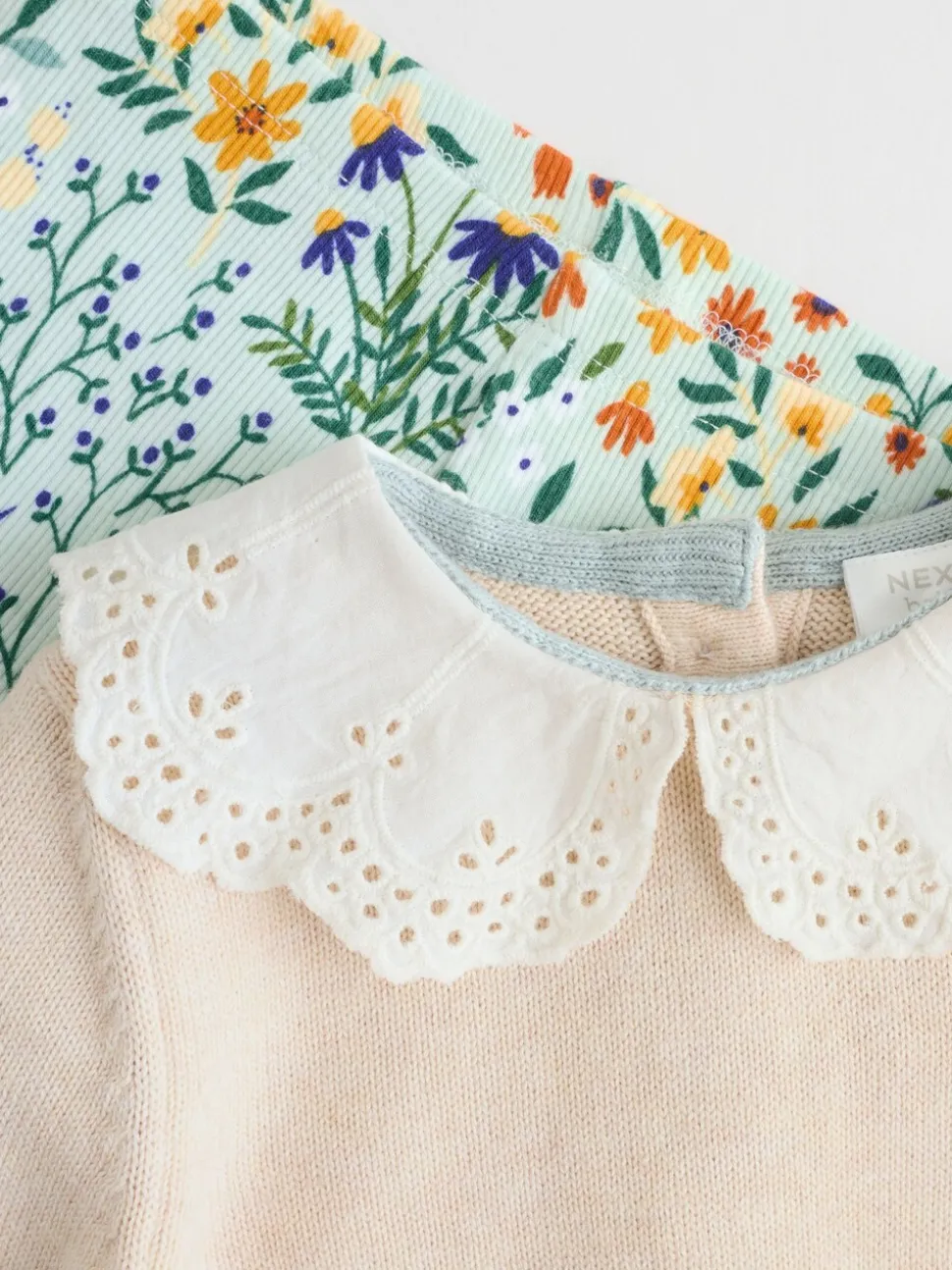 Neutrale Eend/Saliegroen met fijne print - 2 -delige babyset met gebreide trui en legging (0mnd-3jr)